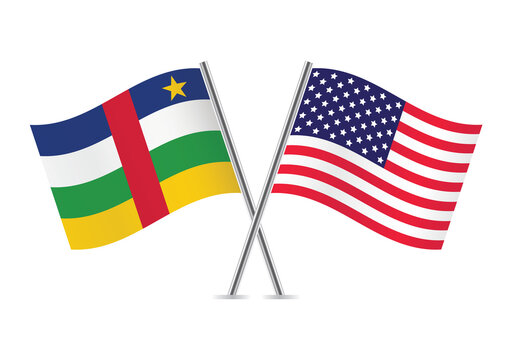The central African Republic and America crossed flags. Centrafrique and American flags on white background. Vector icon set. Vector illustration.