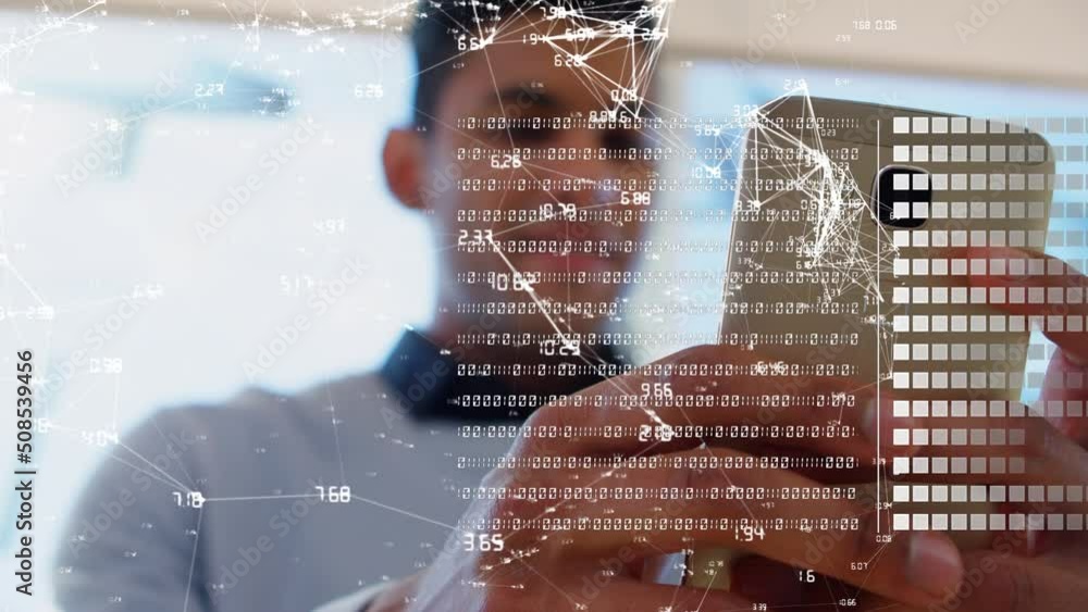 Poster animation of data processing over biracial man using smartphone