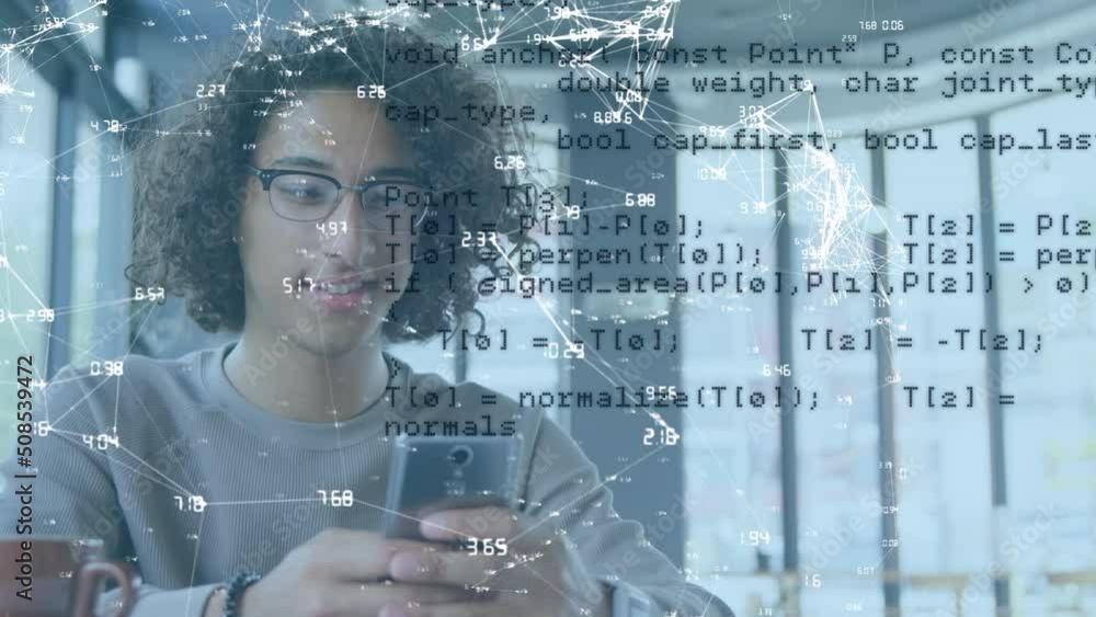Poster animation of data processing over biracial man using smartphone
