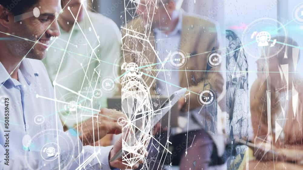 Poster animation of network of connections with icons over diverse business people using tablet