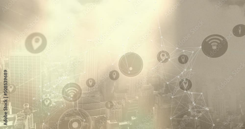 Poster animation of network of connections with icons over cityscape
