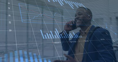 Animation of data processing over diverse business people talking on smartphone - Powered by Adobe