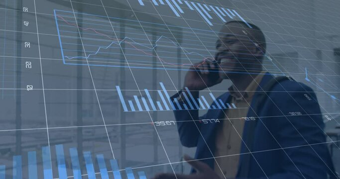 Animation of data processing over diverse business people talking on smartphone - Powered by Adobe