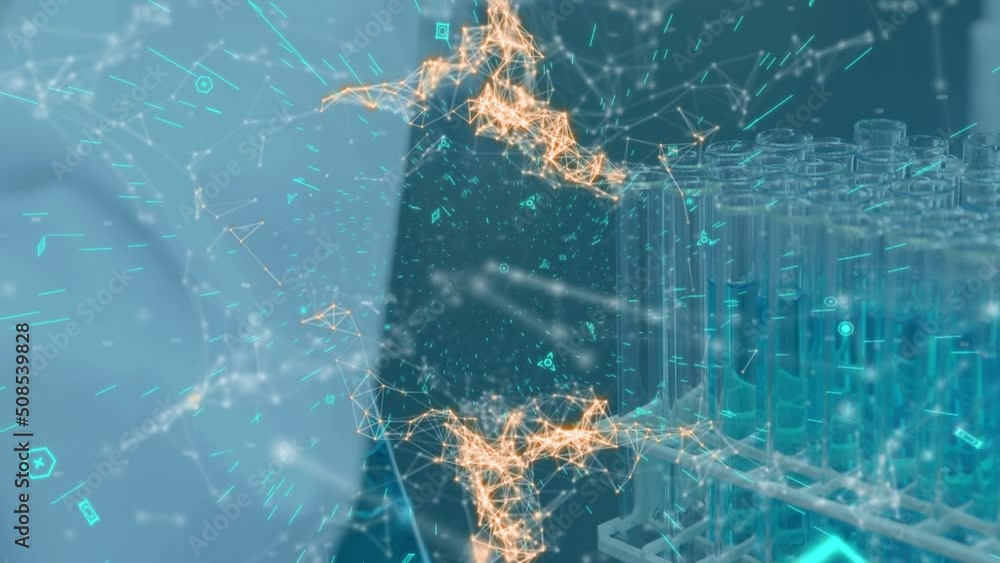 Poster animation of data processing and shapes over scientist in lab