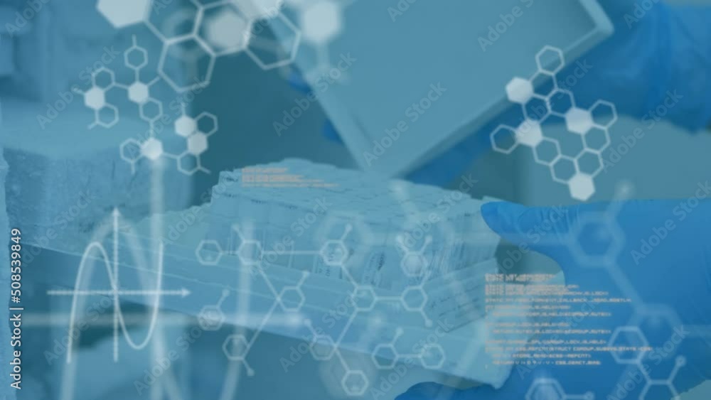 Poster animation of data processing over scientist in lab