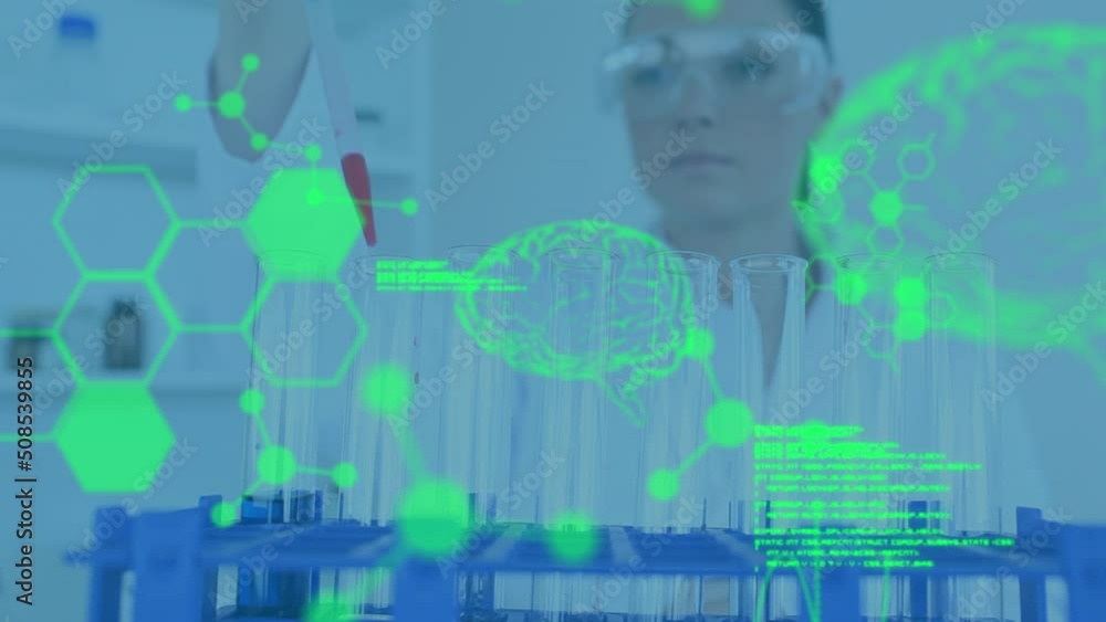 Poster animation of data processing over caucasian female scientist in lab