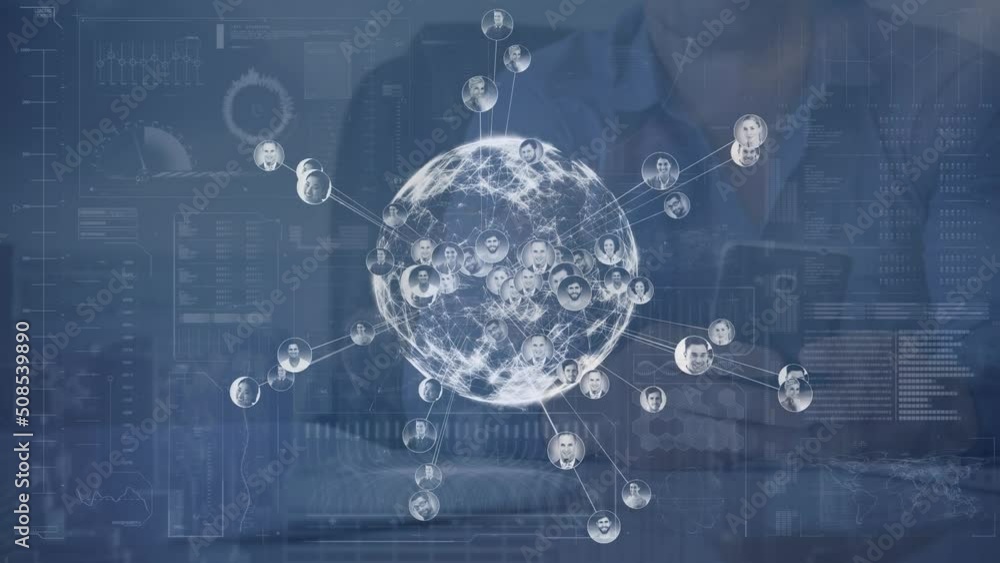 Poster animation of connections and globe over navy background with caucasian man using smartphone