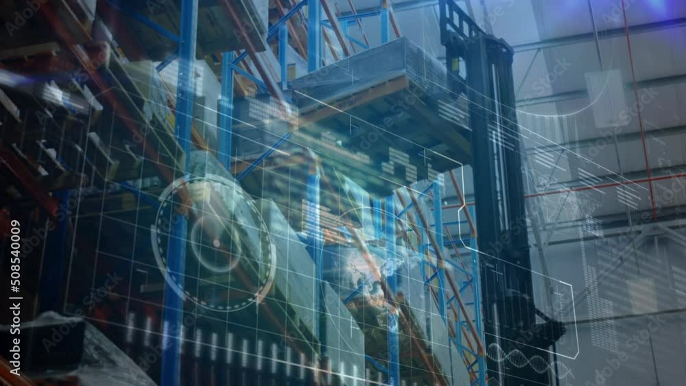 Poster animation of data processing over machines and storage shelves in warehouse