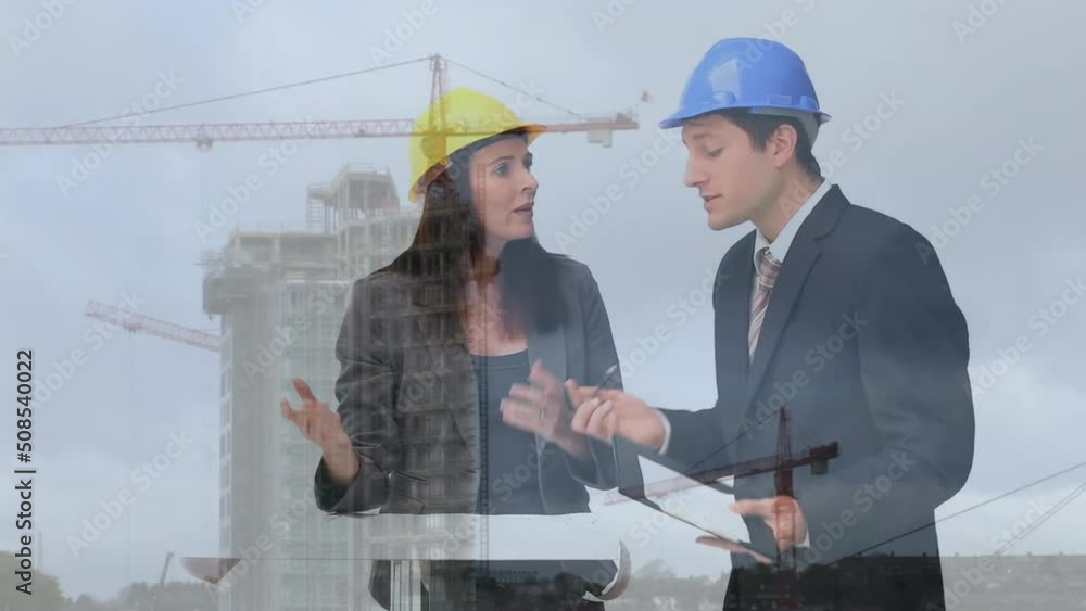 Sticker Animation of a construction site over a group of caucasian engineers