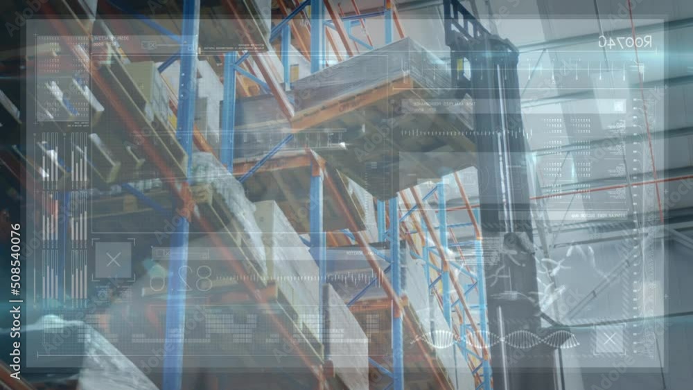 Poster animation of data processing over machines and storage shelves in warehouse
