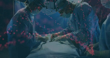 Animation of dna strand over caucasian surgeons in face masks - Powered by Adobe