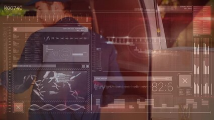 Animation of data processing over caucasian male courier - Powered by Adobe