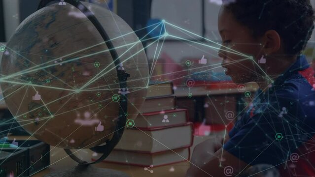 Animation of network of connections over african american schoolgirl with globe