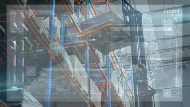 Animation of data processing over machines and storage shelves in warehouse