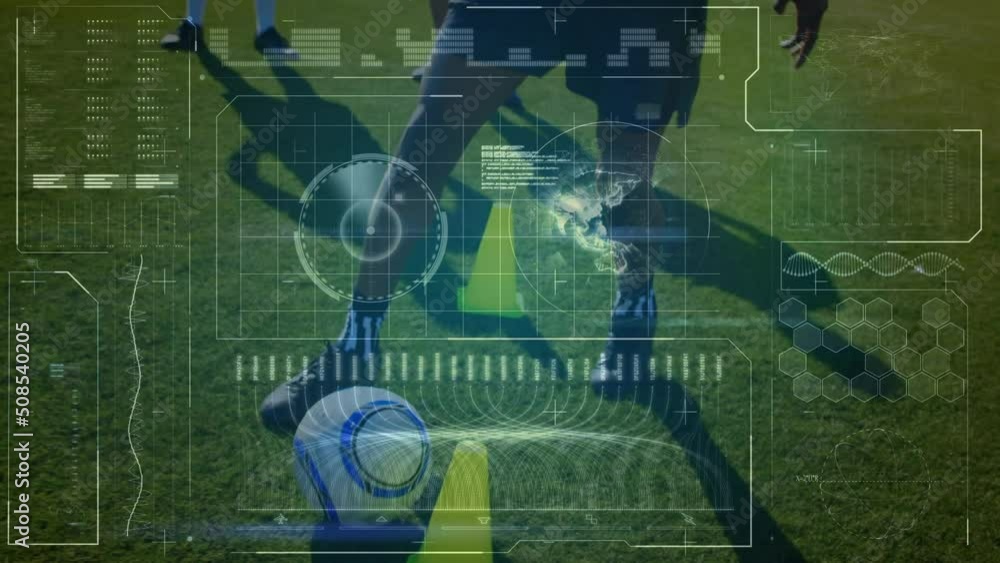 Poster Animation of data processing over diverse football players in background
