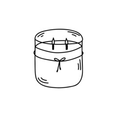 Candle in glass container, vector line art illustration