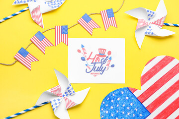 Greeting card for Independence Day, USA flags and paper windmills on yellow background