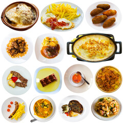Fototapeta na wymiar Set of tasty various dishes of Spanish cuisine isolated on white background