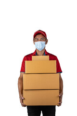 delivery man wearing a mask anti coronavirus in red uniform, Business owner checking address and delivery detail before shipping product. Online selling business work at home concept.