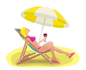 Girl in a red bathing suit lying on a chaise lounge. Rest on the sea. A woman holds a glass of wine in her hand. Summer vacation. Sandy beach isolated on white.