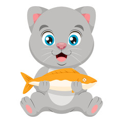 Cute cat cartoon holding a fish
