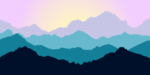Landscape with mountains silhouette at sunrise vector illustration
