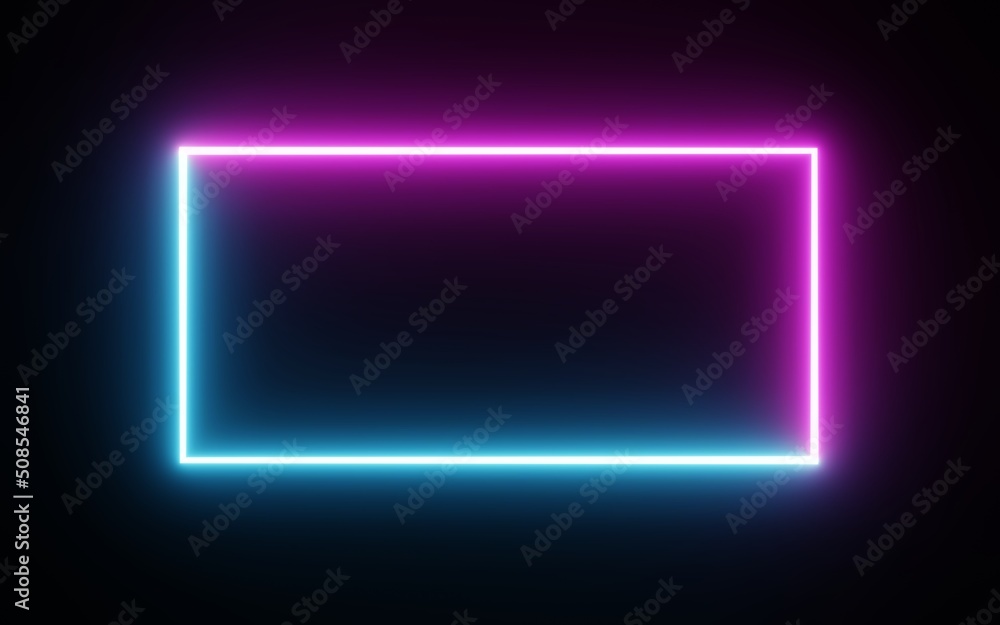 Poster square rectangle picture frame with two tone neon color motion graphic on isolated black background.