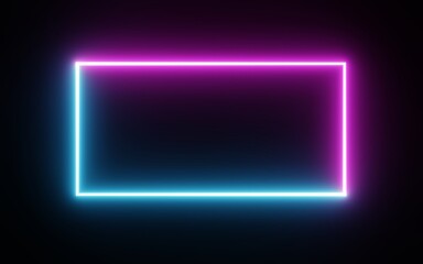 Square rectangle picture frame with two tone neon color motion graphic on isolated black background. Blue and pink light moving for overlay element. 3D illustration rendering. Empty copy space middle - obrazy, fototapety, plakaty