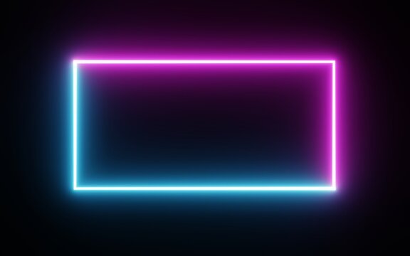 Square rectangle picture frame with two tone neon color motion graphic on isolated black background. Blue and pink light moving for overlay element. 3D illustration rendering. Empty copy space middle