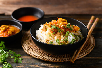 Rice noodle mixed with spicy tomatoes sauce, Tai Yai food in Northern of Thailand