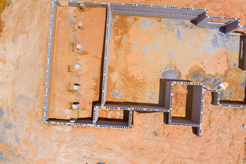 The foundation of concrete blocks on foundation for new house an aerial view