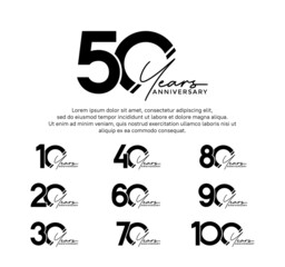 set anniversary flat black color logotype style with hand lettering on white background - obrazy, fototapety, plakaty