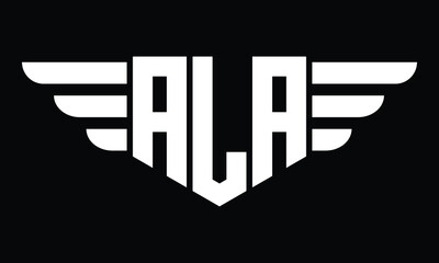 ALA three letter logo, creative wings shape logo design vector template. letter mark, wordmark, monogram symbol on black & white.