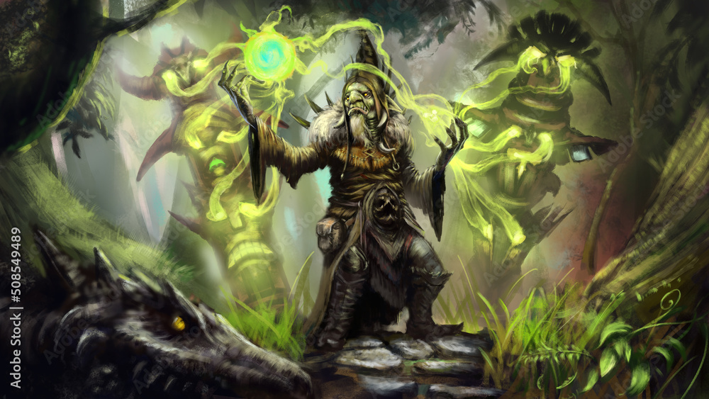 Wall mural goblin shaman uses the power of two nature totems to create a magical sphere, around him is a forest