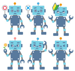 いろんなポーズのロボットセット　〇&times;プラカード　初心者マーク　花を見て微笑む　悩む　ウインクする