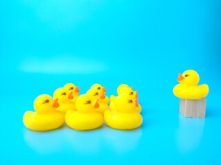 Group of toy ducks with leadder. Leadder and teamwork concept