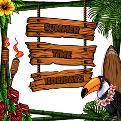 bamboo frame and wooden sign summer vector illustration