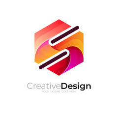 Hexagon logo and letter S design combination, 3d colorful