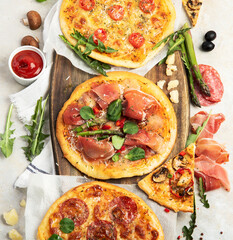 Set of delicious homemade pizzas.