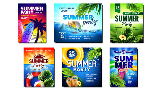 Summer Party Creative Promo Posters Set Vector. Music Summer Party At Seashore Or Swimming Pool Advertise Banners. Event For Enjoy Drinks And Vacation Style Concept Template Realistic 3d Illustrations