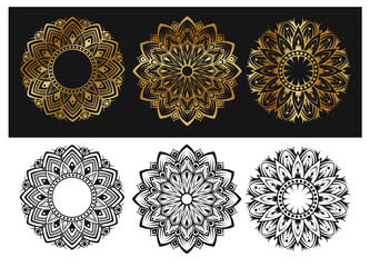 vector set of mandalas, round decoration, gold and black