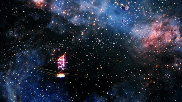 Galaxy exploration with Nasa James Webs Telescope outer space towards central glowing milky way galaxy. 4K looping animation of flying through glowing nebulae, clouds and stars field. 