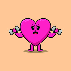 Cute cartoon lovely heart character is fitness with barbell in modern style design 
