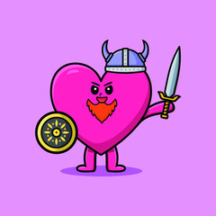 Cute cartoon character Lovely heart viking pirate with hat and holding sword and shield in cute modern style design 