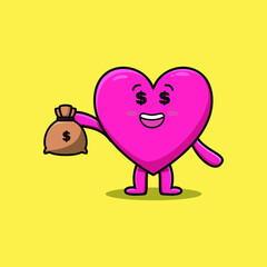 Cute cartoon Crazy rich lovely heart with money bag shaped funny in modern design
