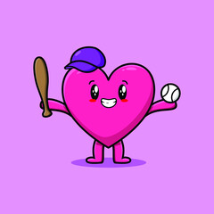 Cute cartoon lovely heart character playing baseball in modern style design