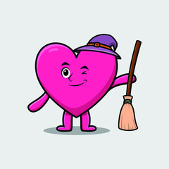 Cute cartoon witch shaped lovely heart character with hat and broomstick