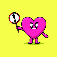 Cute cartoon illustration lovely heart with exclamation sign board 