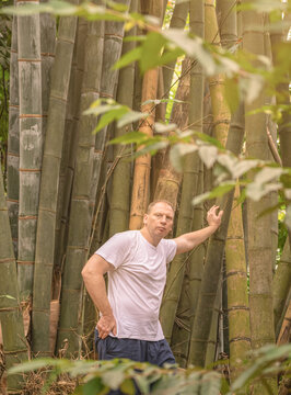 A Caucasian man standing in a bamboo forest wearing informal clothes. 
