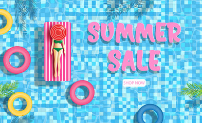 Top view beach background with swimming pool party theme for holiday summer vacation.